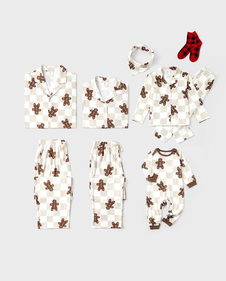 Christmas Matching Family Pajamas Set Block checkered Gingerbread Print PJS with Christmas Socks Khaki