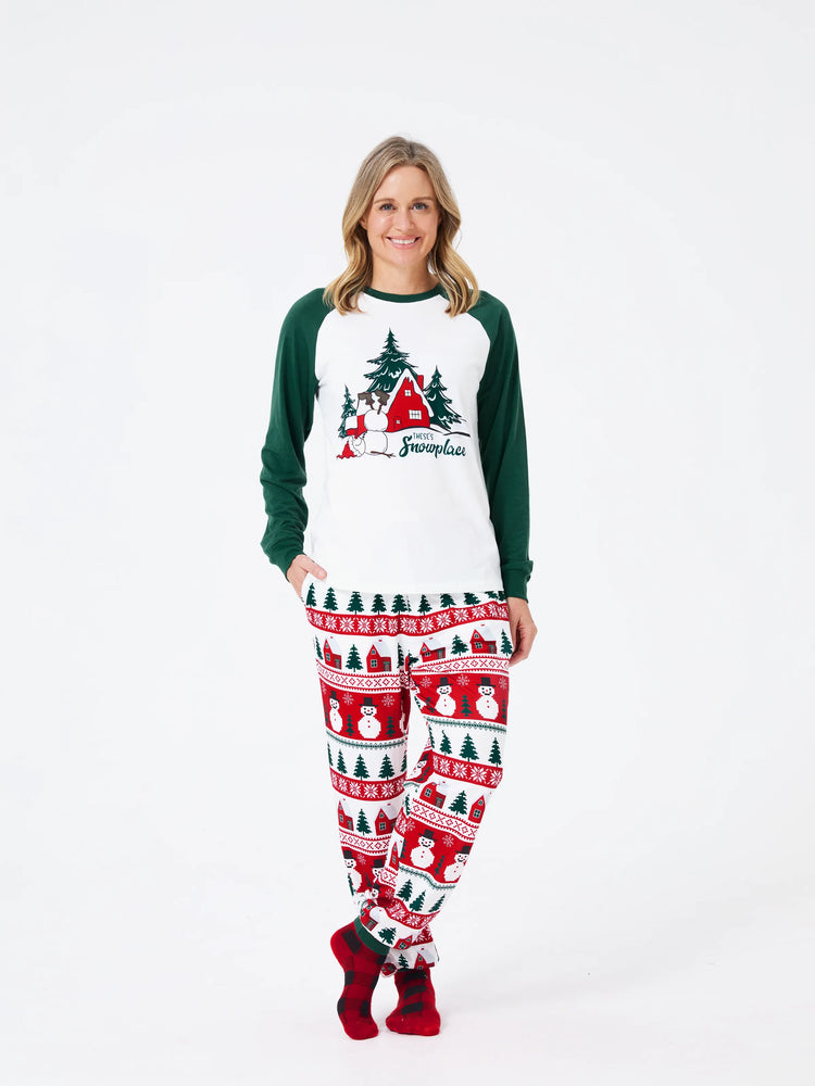 Christmas Matching Family Pajamas Set Snowman and Christmas Tree Print White PJS with Christmas Socks ( Defective Product) Dark Green