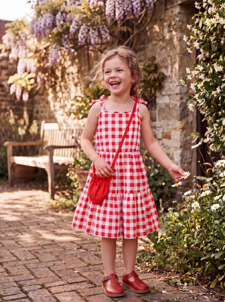 Fresh Market Toddler Girl Checkered Tiered Dress with Bag Red