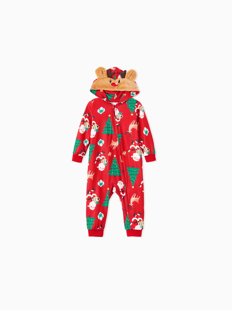 Pyjama de Noël familial, combinaison à capuche et imprimé renne 3D avec chaussettes de Noël, rouge-2
