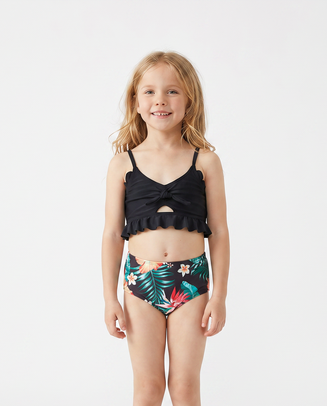 Ensemble maillots assortis famille à imprimé tropical – bikini col V et short de bain, couleur noir