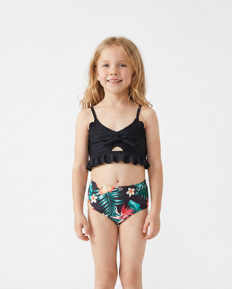 Ensemble maillots assortis famille à imprimé tropical – bikini col V et short de bain, couleur noir