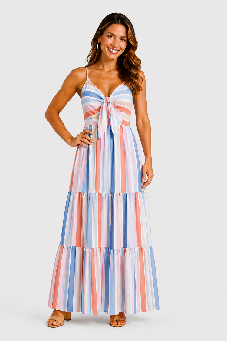 Mommy and Me Family Matching Blue Short-sleeve Tee or Colorful Stripe Camisole Dress Multi-color