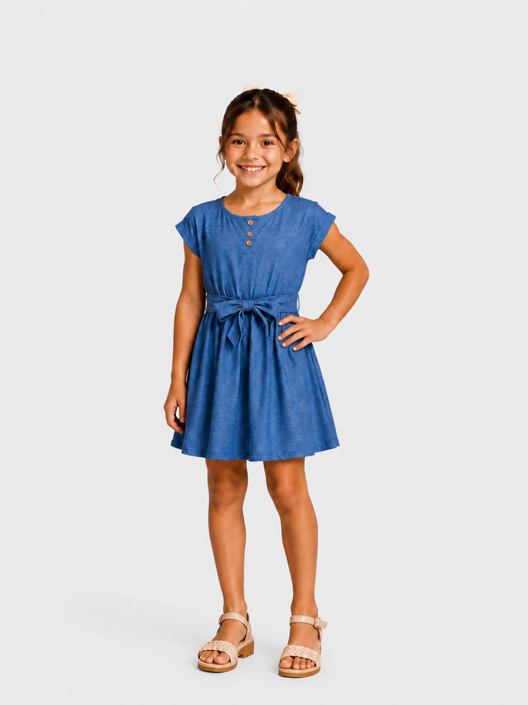 Mommy and Me Family Matching Soft Casual Outfit with Below Knee Dresses, Front Buttons, Belted Design Blue