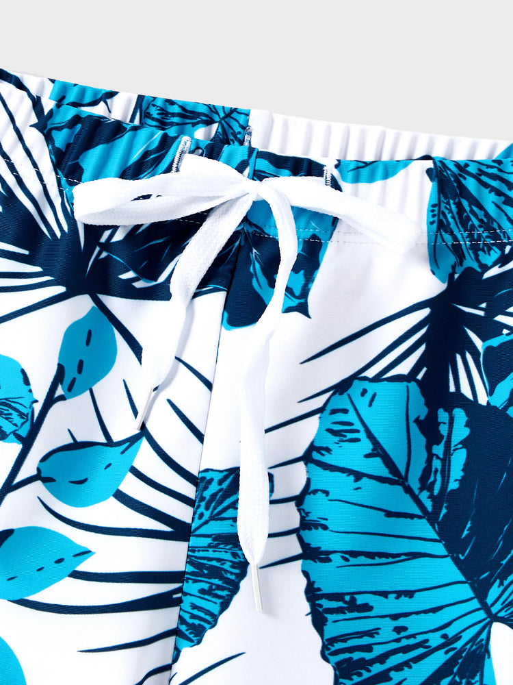 Family Matching Drawstring Swim Trunks or Cut Out Lace UP Back One-Piece Swimsuit BLUEWHITE