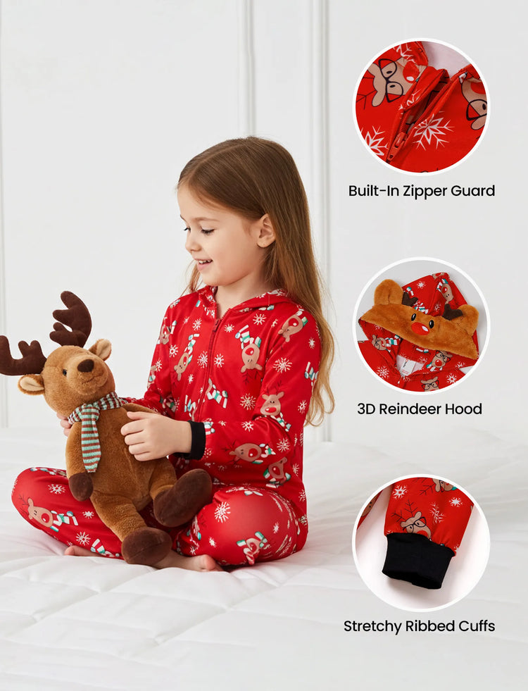 Christmas Matching Family Pajamas Set 3D Reindeer Hooded Allover Reindeer Print Onesie PJS with Christmas Socks Red