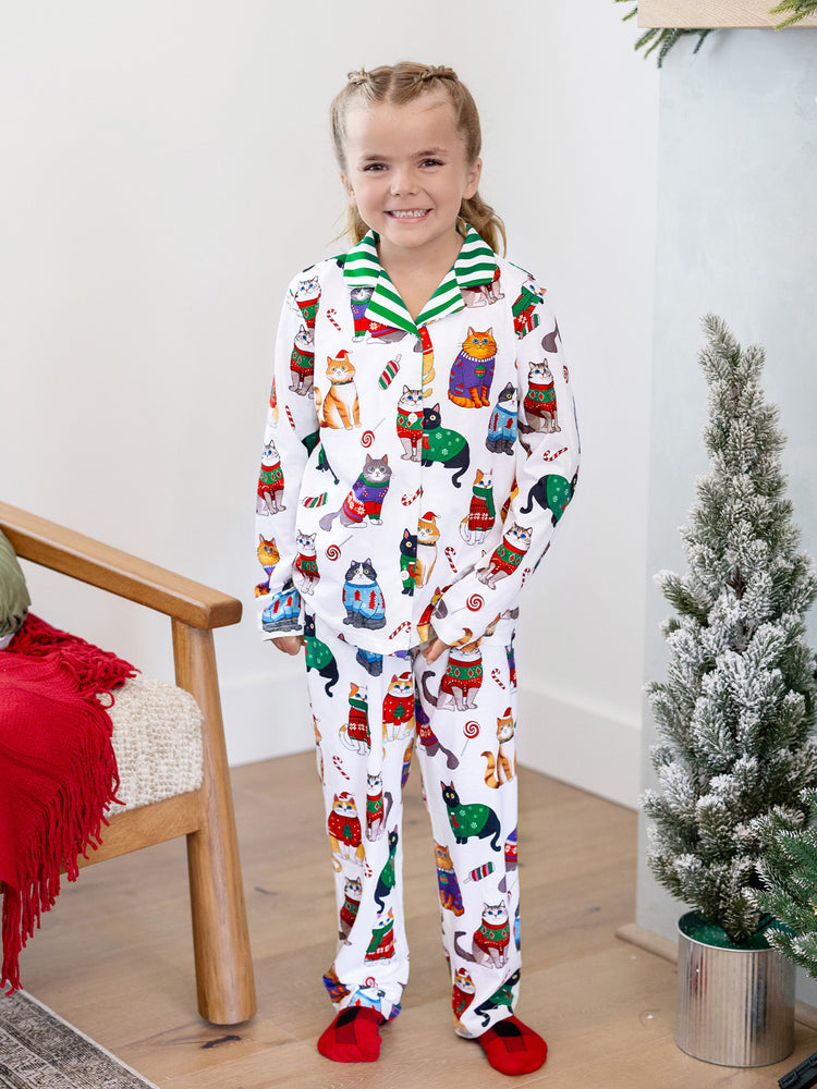 Christmas Matching Family Pajamas Set Christmas Cat Print PJS with Christmas Socks Multi-color