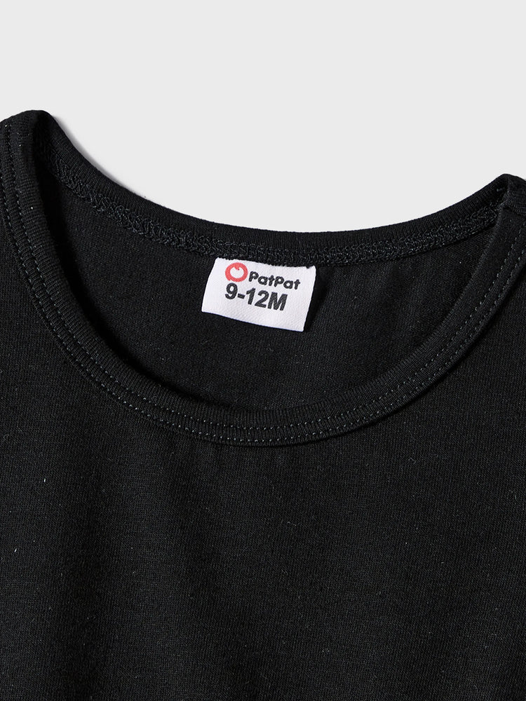 Family Matching Black-Almond Mesh Skirt and Classic Round Neck Long Sleeve Tops Sets Black