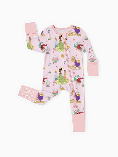 Disney Princess Bamboo Baby Girl Ariel/Belle/Tiana 2-Way Zip Onesies Anti Slip Long-sleeve Footie Pink