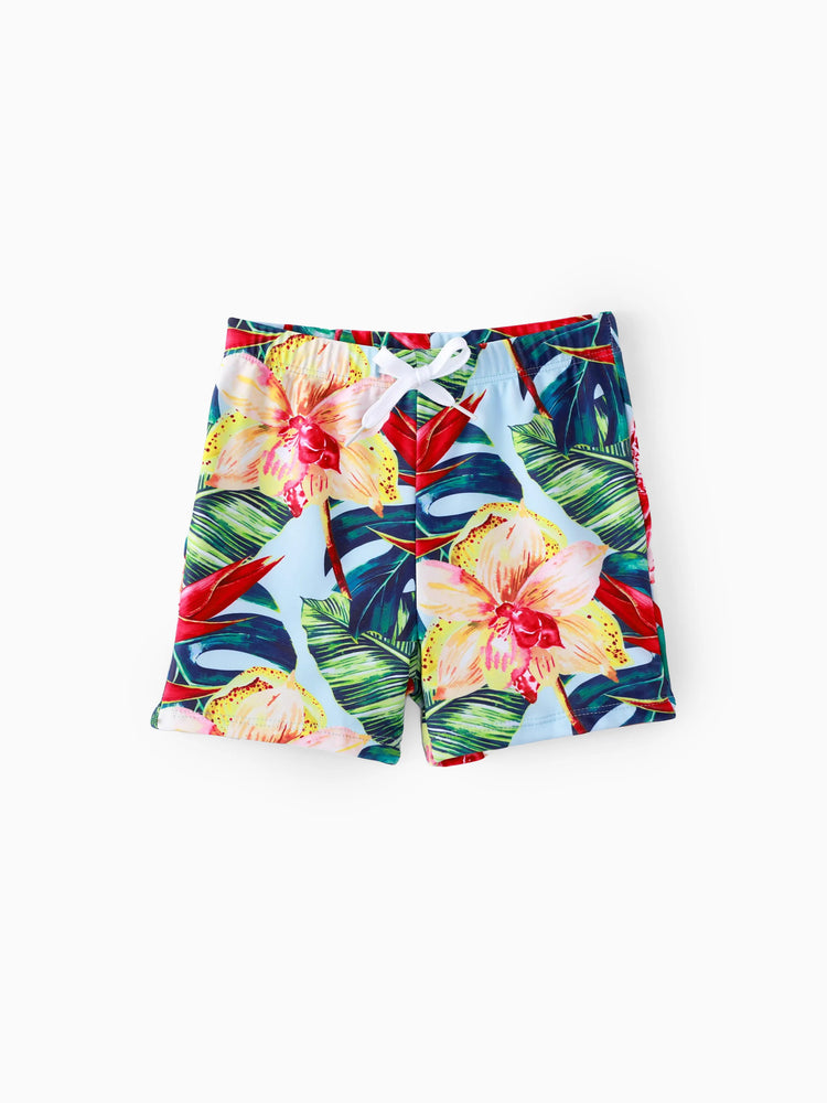 Family Matching Floral Drawstring Swim Trunks or Ruched Shell Edge Bikini with Optional Swim Cover Up Red