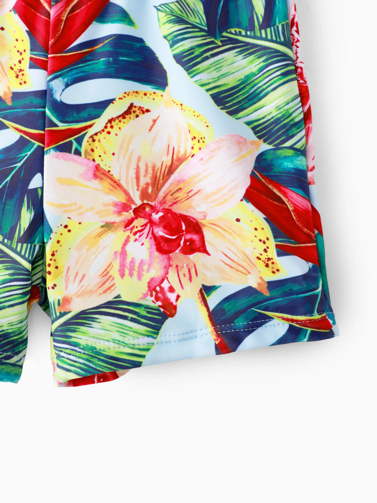 Family Matching Floral Drawstring Swim Trunks or Ruched Shell Edge Bikini with Optional Swim Cover Up Red