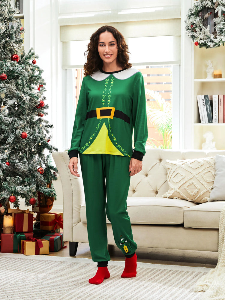 Ensemble pyjama de Noël familial ELF avec ceinture et col assortis et chaussettes de Noël