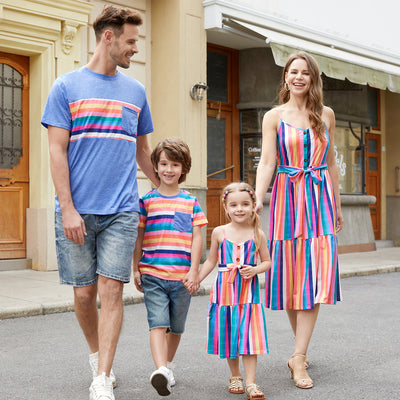 Family Matching Multi-Color Stripe T-shirt and Ruffle Hem Button Strap Dress Sets COLOREDSTRIPES