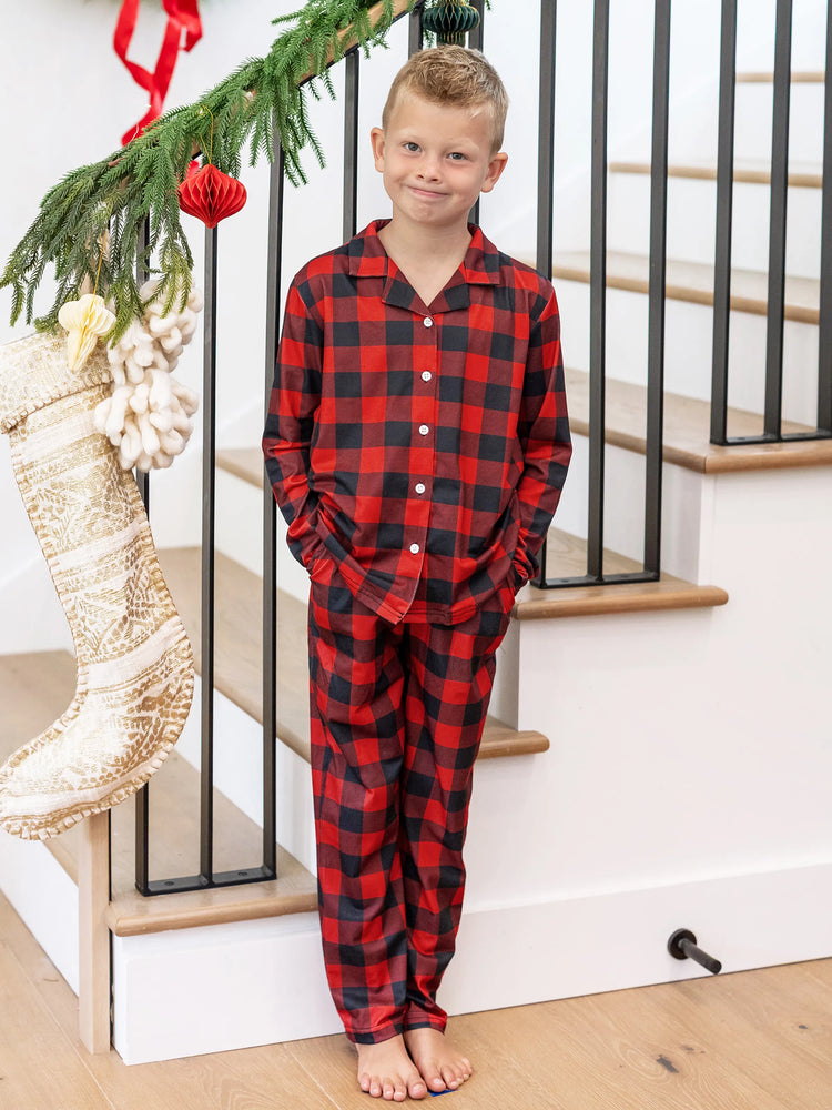 Christmas Matching Family Pajamas Set Allover Red Grid Print Long-sleeve Collared PJS with Christmas Socks Red