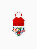 Toddler Girl Floral Drawstring Ruched Shell Edge Bikini Red