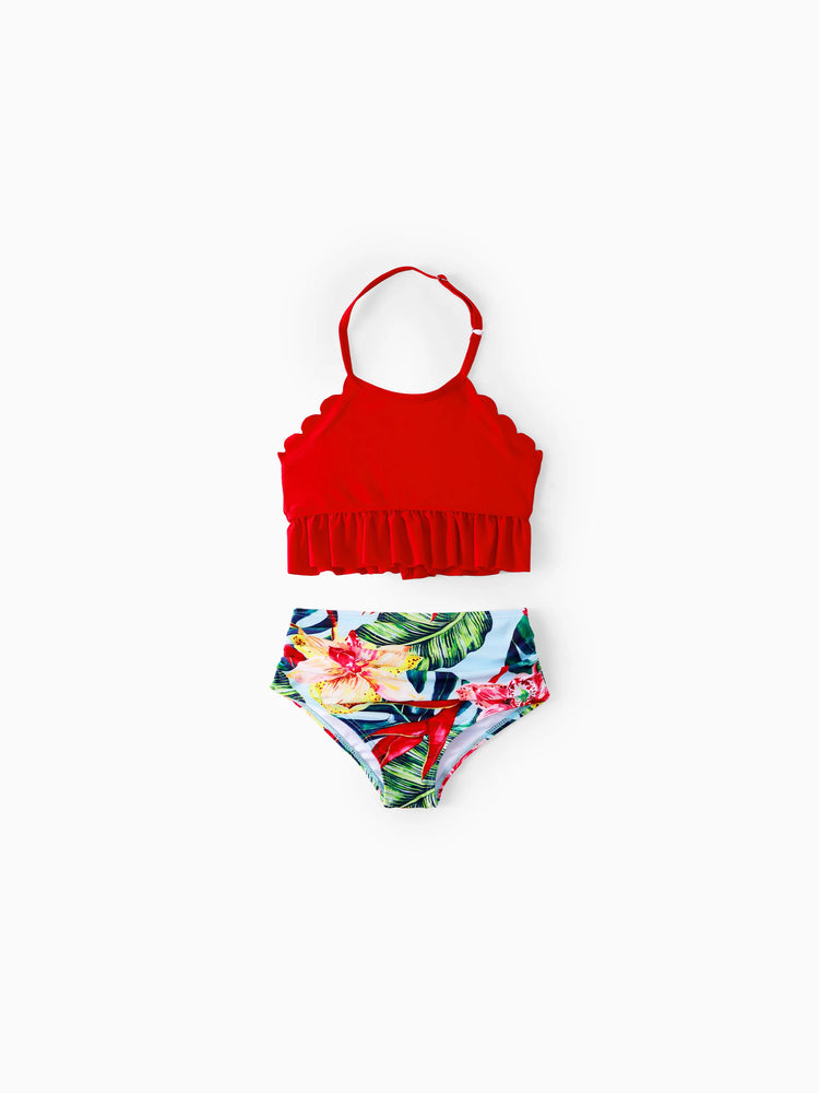 Mommy and Me Family Matching Floral Drawstring Swim Trunks or Ruched Shell Edge Bikini with Optional Swim Cover Up Red
