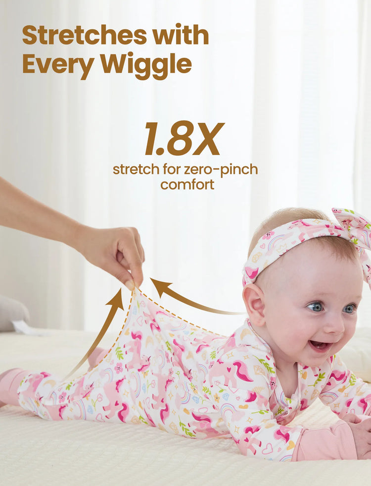 Bambus Baby Jungen/Mädchen Tier bedruckt 2-Wege-Reißverschluss Strampler Anti-Rutsch Langarmfußball mit Haarband rosa