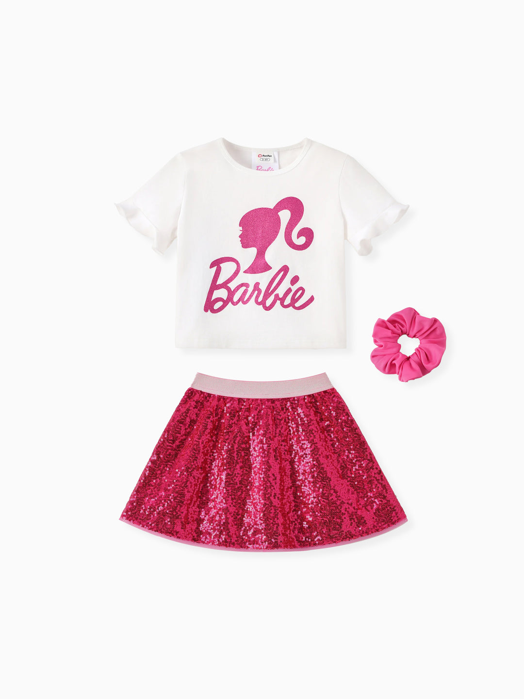 Barbie Toddler/Kid Girl 3pcs Cotton Top and Sequin embroidery Skirt with Headband Set Hot Pink