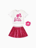 Barbie Toddler/Kid Girl 3pcs Cotton Top and Sequin embroidery Skirt with Headband Set Hot Pink