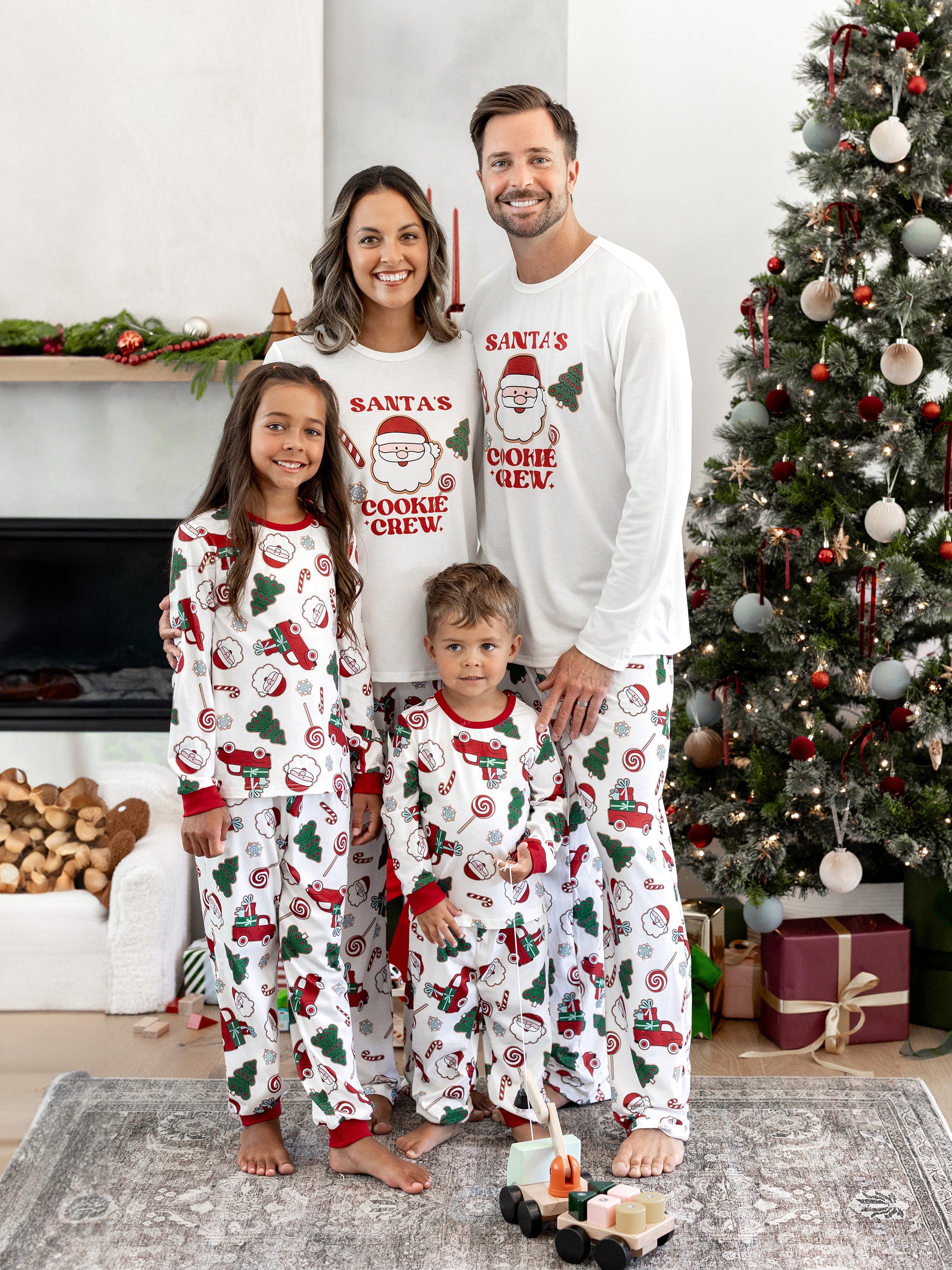 Christmas Matching Family Pajamas Set Santa Claus and Christmas Tree Print White PJS with Christmas Socks White