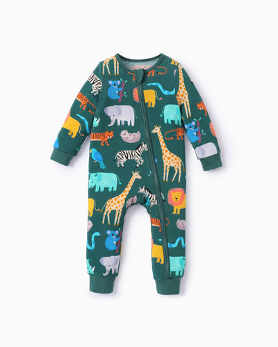 Pyjama sans pieds ajusté à fermeture éclair en mélange cartoon neutre en bambou pour bébé, vert foncé