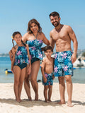 Family Matching Swimsuits Tropical Palm Tree Print, Mommy and Me Ruffle two-piece Swimsuit, Daddy and Son Swim Trunks Set, Beach Vacation Swimwear Turquoise