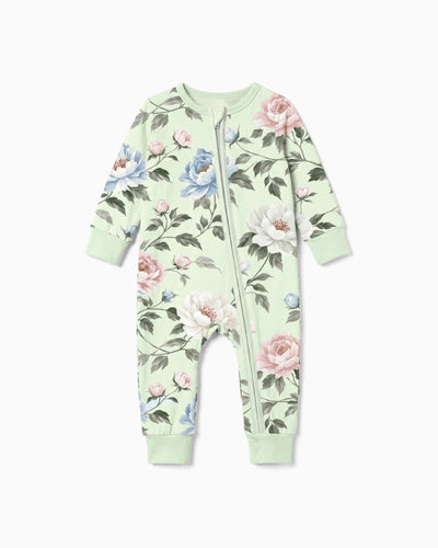 Pyjama sans pieds ajusté à fermeture éclair en mélange floral neutre en bambou pour bébé, vert clair