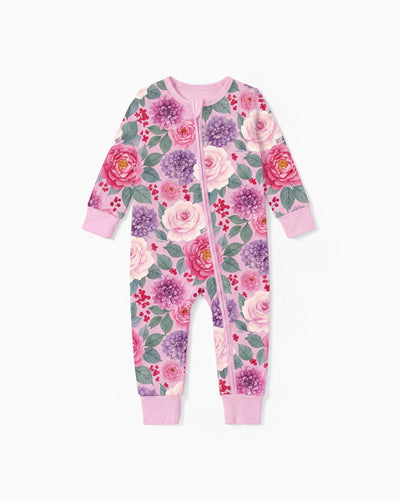 Pyjama sans pieds ajusté à fermeture éclair en mélange floral neutre en bambou pour bébé, rose foncé