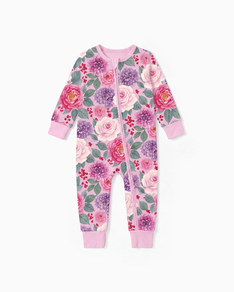 Pyjama sans pieds ajusté à fermeture éclair en mélange floral neutre en bambou pour bébé, rose foncé