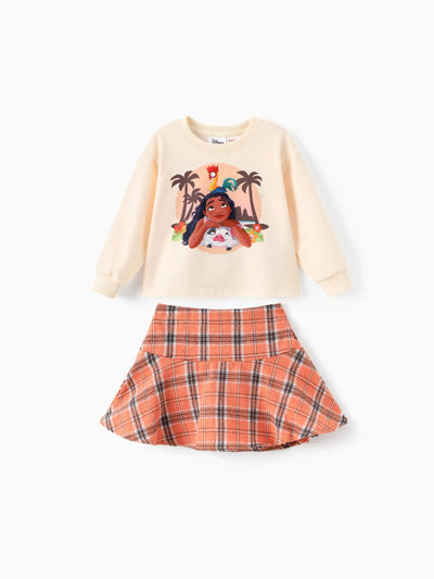 Ensemble 2 pièces princesse Disney pour petite fille, jupe à carreaux à manches longues Moana, couleur abricot