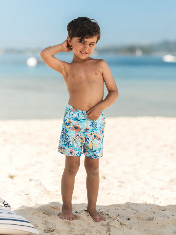 Family Matching Swimwear Tropical Print, Mommy Tie-front Cutout One-piece Swimsuit, Girl two-piece Swimsuit Daddy & Son Swim Trunks Set for Summer Beach Vacation Light Blue