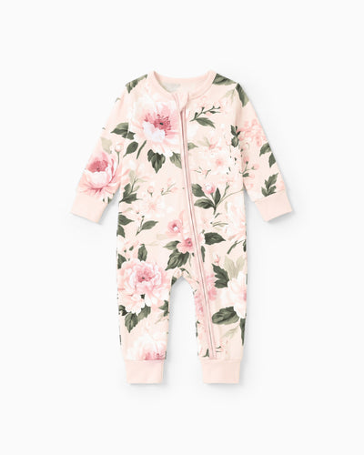 Pyjama sans pieds ajusté à fermeture éclair en mélange floral neutre en bambou pour bébé, rose clair