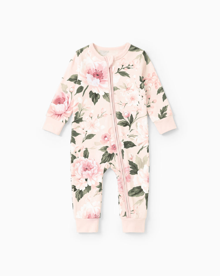 Pijama sin pies ajustado con cremallera y mezcla floral neutral de bambú para bebé Rosa claro