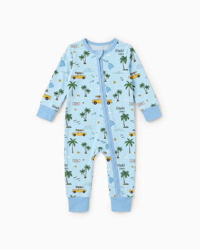 Pyjama sans pieds ajusté à fermeture éclair en mélange cartoon neutre en bambou pour bébé, bleu