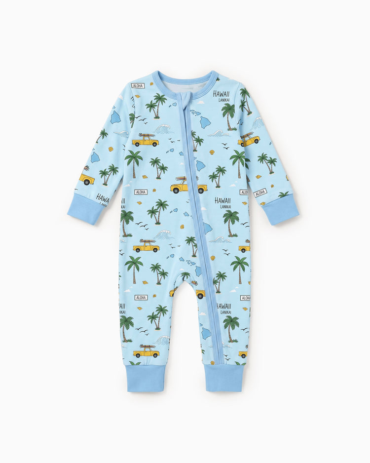 Pyjama sans pieds ajusté à fermeture éclair en mélange cartoon neutre en bambou pour bébé, bleu