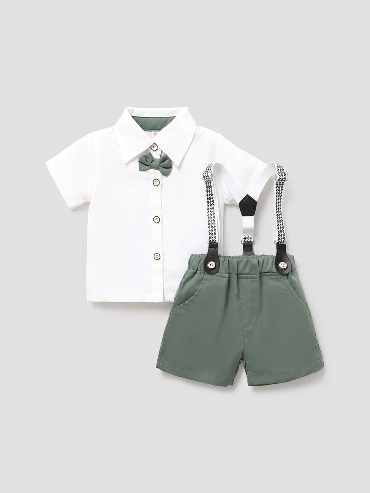 Baby Boy Party Gentle Bow Tie Shirt and Suspender Shorts Set White