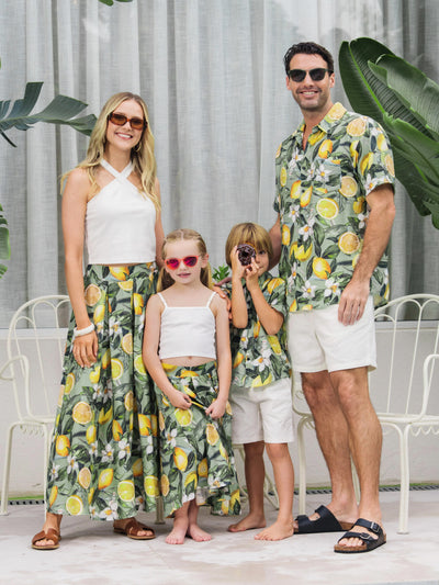 Matching Family Outfits Lemon Print Hawaiian Shirts & Summer Dresses Tropical Vacation Clothes for Men, Women & Kids Green