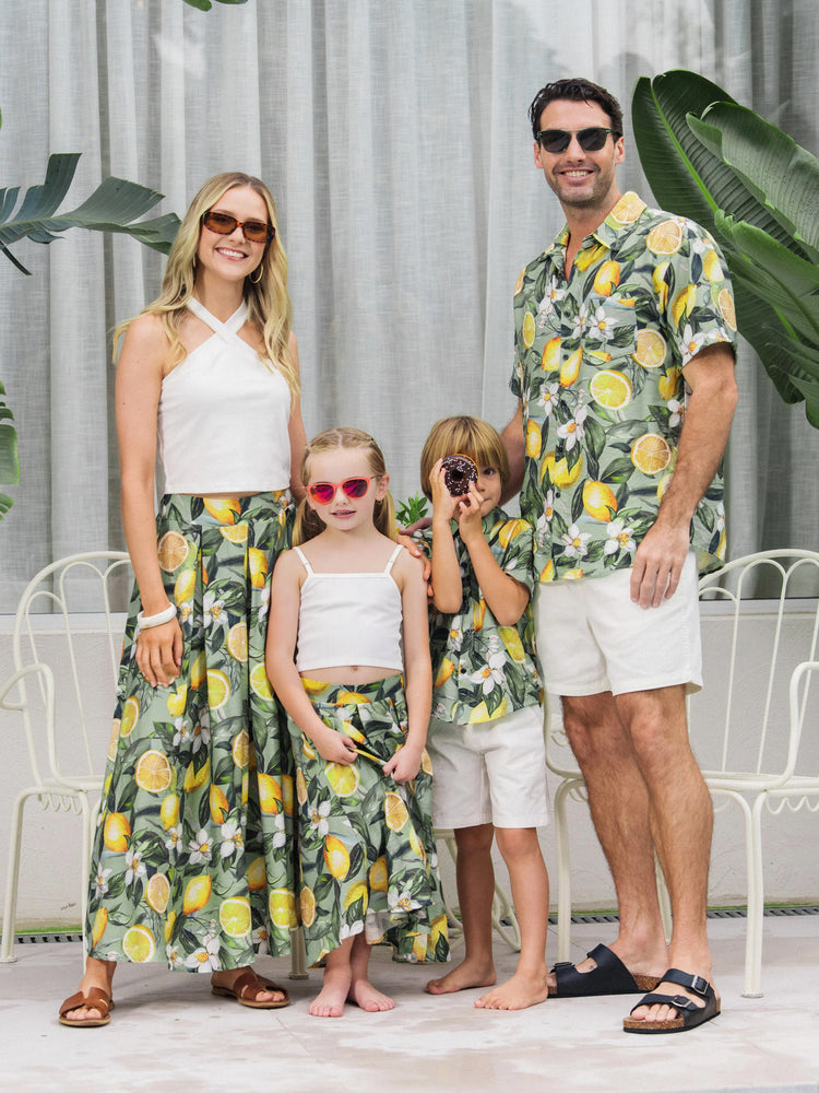 Matching Family Outfits Lemon Print Hawaiian Shirts & Summer Dresses Tropical Vacation Clothes for Men, Women & Kids Green