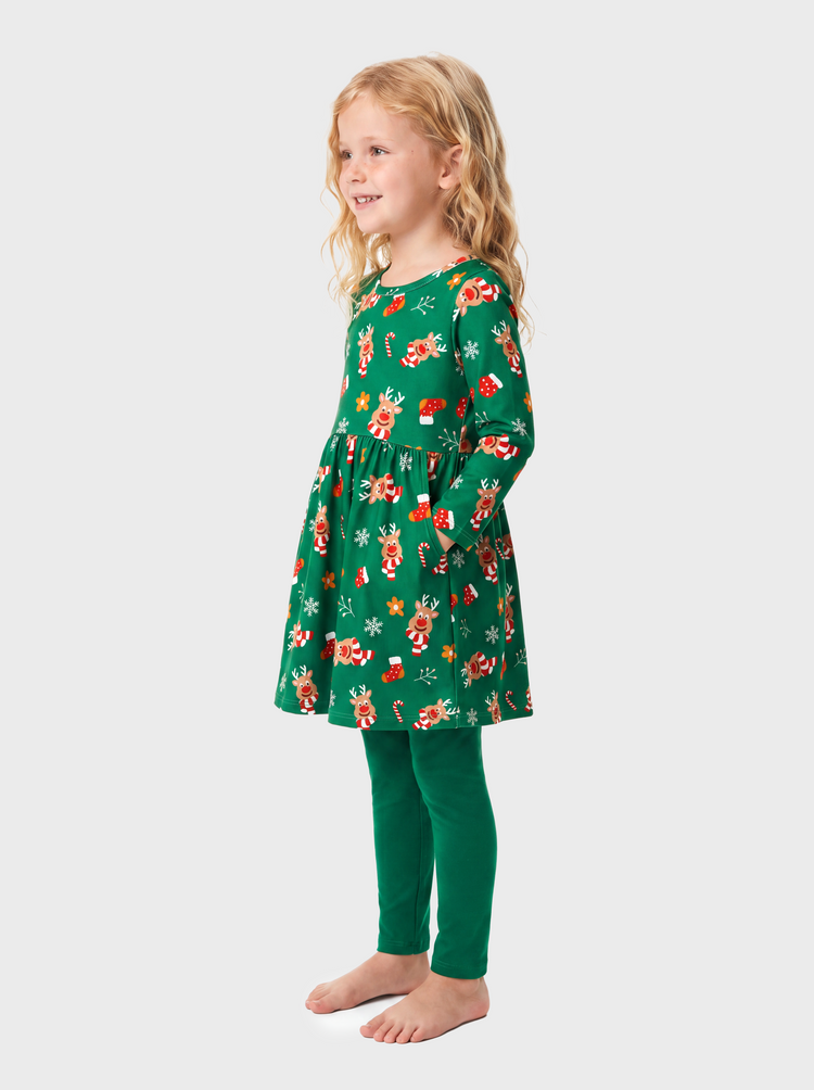 Christmas Toddler Girl Long Sleeve Dress & Leggings Set Green
