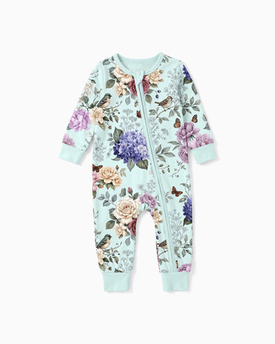 Pyjama sans pieds ajusté à fermeture éclair en mélange floral neutre en bambou pour bébé, vert menthe