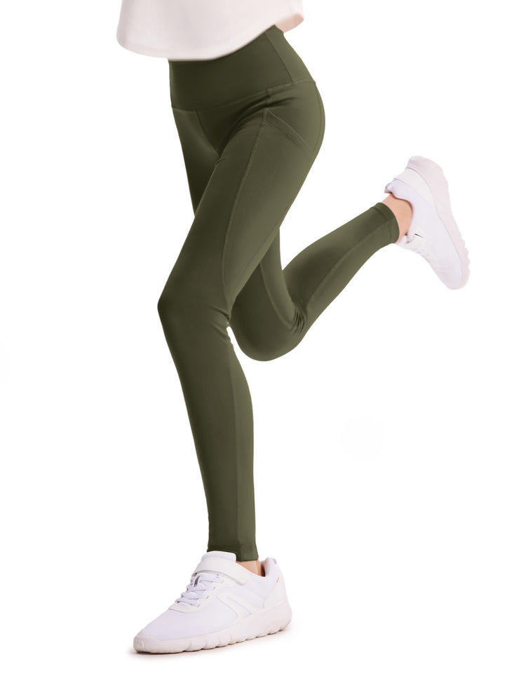 Girl's Leggings High-Waist Yoga Pants Solid Color Leggings with Complimentary Matching Scrunchie Army green