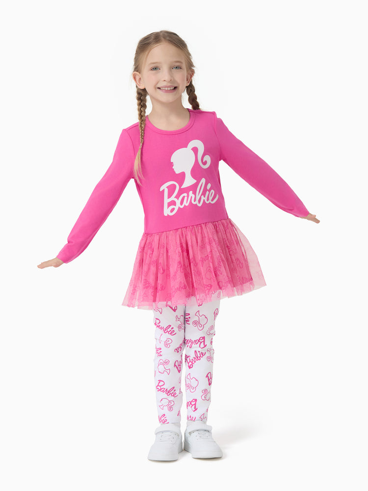Ensemble 2 pièces Barbie pour petite fille, haut à manches longues en crêpe de coton et pantalon imprimé, rose vif