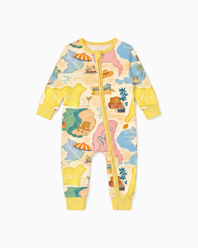 Pyjama sans pieds ajusté à fermeture éclair en mélange cartoon neutre en bambou pour bébé, jaune