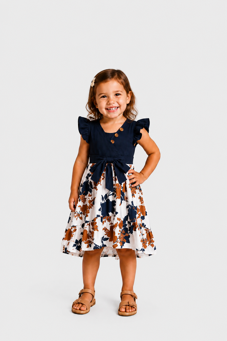 Mommy and Me Family Matching Casual Dress Solid Color, Fabric Stitching royalblue