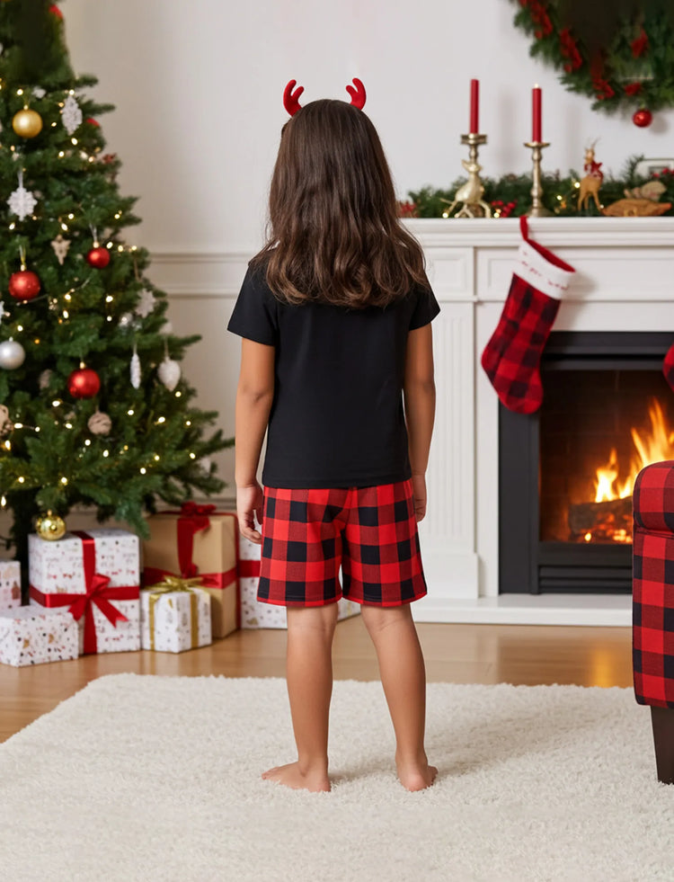 Christmas Hat and Letter Print Black Family Matching Short-sleeve Plaid Pajamas Sets Black