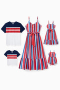 Family Matching Casual Cotton T-shirt or Belted Stripe Dress Set Multi-color