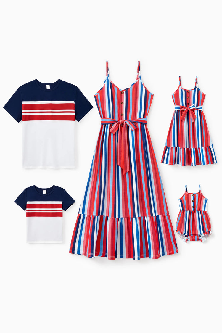 Family Matching Casual Cotton T-shirt or Belted Stripe Dress Set Multi-color