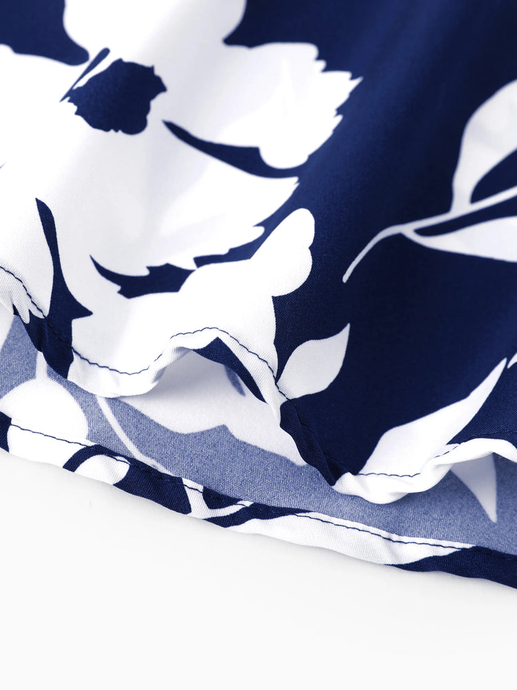 Ensemble familial assorti avec chemise à manches courtes ou robe froncée à imprimé feuilles bleu