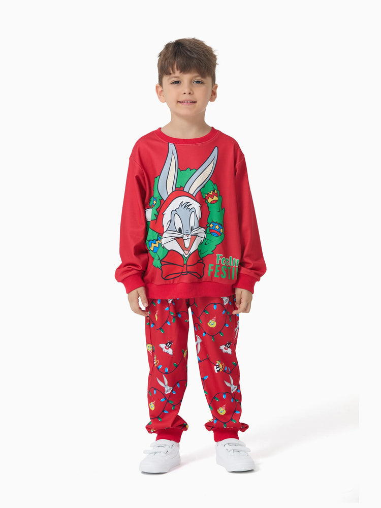 Looney Tunes Toddler Boy/Girl 2pcs Bugs Bunny Graphic and Christmas Wreath Print Longsleeves Top and Leggings Set Red