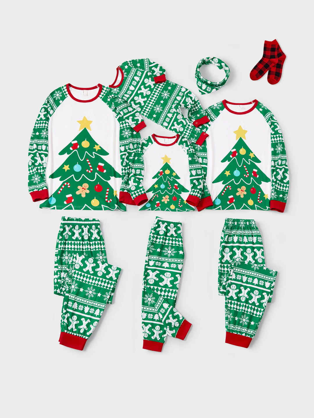 Weihnachten Passendes Familienpyjama-Set Lebkuchen und Weihnachtsbaum Print Grün PJS mit Weihnachtssocken grün